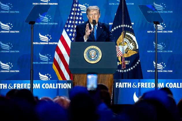 President Donald Trump speaks during the Faith and Freedom Coalition 2026 Road to Majority Policy Conference at the Washington Hilton in Washington, DC on Friday, June 26, 2026. President Donald Trump and members of his cabinet will return to the Washington Hilton for the first time since the White House Correspondents Association dinner shooting earlier this year.  WAP20260626794 BONNIExCASH