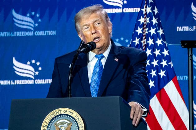 President Donald Trump speaks during the Faith and Freedom Coalition 2026 Road to Majority Policy Conference at the Washington Hilton in Washington, DC on Friday, June 26, 2026. President Donald Trump and members of his cabinet will return to the Washington Hilton for the first time since the White House Correspondents Association dinner shooting earlier this year.  WAP20260626805 BONNIExCASH