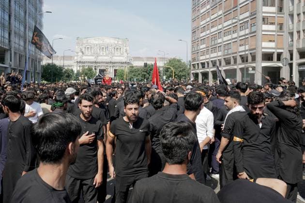 Ashura in Milan MILAN, Italy JUNE 26, 2026: Shia Muslim devotees participate in a Muharram procession through central Milan, beginning near Milano Centrale railway station, to commemorate the martyrdom of Imam Hussain, the grandson of Prophet Muhammad, and his companions who were killed in the Battle of Karbala in 680 AD. The annual observance is part of the Islamic month of mourning and honors the sacrifice, justice, and resistance symbolized by the events of Karbala. Milan Italy Copyright: x xcalogeroxrussox xJNAxPressx