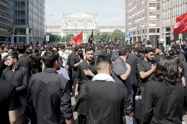 Ashura in Milan MILAN, Italy JUNE 26, 2026: Shia Muslim devotees participate in a Muharram procession through central Milan, beginning near Milano Centrale railway station, to commemorate the martyrdom of Imam Hussain, the grandson of Prophet Muhammad, and his companions who were killed in the Battle of Karbala in 680 AD. The annual observance is part of the Islamic month of mourning and honors the sacrifice, justice, and resistance symbolized by the events of Karbala. Milan Italy Copyright: x xcalogeroxrussox xJNAxPressx