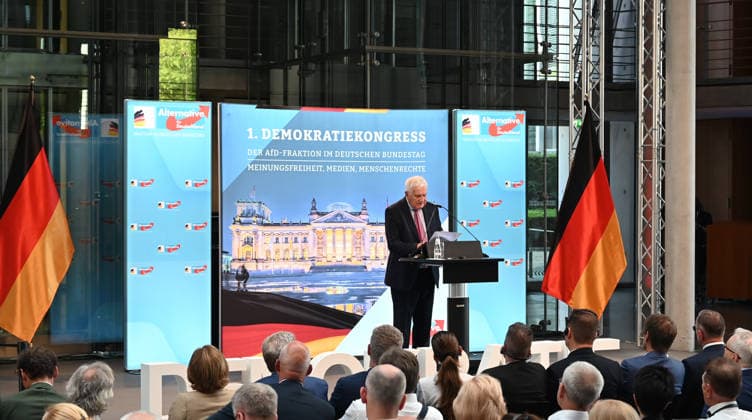 Former Czech President Vaclav Klaus deliveres a speech at the two-day conference, titled 1st Democratic Congress of the AfD Group in the German Bundestag , which was opened in Berlin, Gernamy, today, on Friday, June 26, 2026, by both AfD chairpersons, Alice Weidel and Tino Chrupalla (both not seen). (CTKxPhoto JaromirxMrhal) CTKPhotoP2026062608400  CTKPhotoP2026062608400