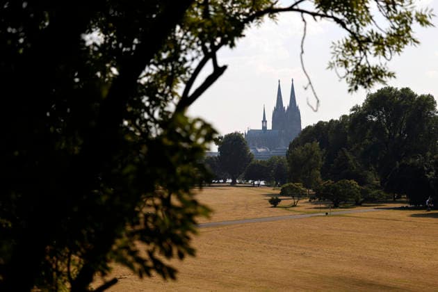 Der Kölner Dom ragt vom linken Rheinufer herüber über den Rhein und die vetrockneten Wiesen im Rheinpark. Laut einer Messstation des Deutschen Wetterdienst DWD fiel am heutigen Freitag der deutsche Hitze-Rekord, es war mit 41,3 Grad im Saarland so heiß wie noch nie in Deutschland seit Beginn der Wetteraufzeichnungen. (Themenbild, Symbolbild) Köln, 26.06.2026 NRW Deutschland *** Cologne Cathedral towers over the Rhine and the parched meadows in the Rheinpark from the left bank of the Rhine. According to a measuring station operated by the German Weather Service (DWD), the German heat record was broken today, Friday, with a temperature of 41.3 degrees in Saarland—the hottest it has ever been in Germany since weather records began. Featur Copyright: xChristophxHardtx
