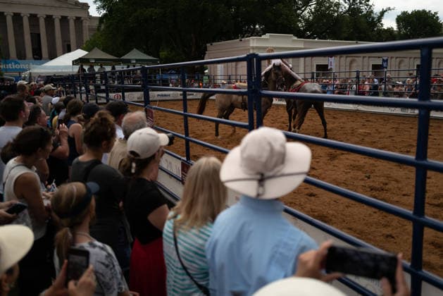 June 26, 2026, Washington, District Of Columbia, USA: A woman nearly fallas as she rides atop two horses at a rodeo during the Great American State Fair on the National Mall in Washington, D.C. on June 26, 2026. Rodeo 250, produced by Cervi Rodeo Company, is one of numerous events during the 16-day fair, celebrating the 250th anniversary of the United States of America. Washington USA - ZUMAd227 20260626_znp_d227_022 Copyright: xBryanxDozierx