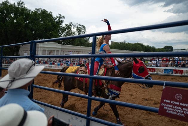 June 26, 2026, Washington, District Of Columbia, USA: A woman rides a horse at a rodeo during the Great American State Fair on the National Mall in Washington, D.C. on June 26, 2026. Rodeo 250, produced by Cervi Rodeo Company, is one of numerous events during the 16-day fair, celebrating the 250th anniversary of the United States of America. Washington USA - ZUMAd227 20260626_znp_d227_023 Copyright: xBryanxDozierx