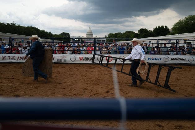 June 26, 2026, Washington, District Of Columbia, USA: Rodeo workers prepare equipment for a lasso performance at a rodeo during the Great American State Fair on the National Mall in Washington, D.C. on June 26, 2026. Rodeo 250, produced by Cervi Rodeo Company, is one of numerous events during the 16-day fair, celebrating the 250th anniversary of the United States of America. Washington USA - ZUMAd227 20260626_znp_d227_025 Copyright: xBryanxDozierx