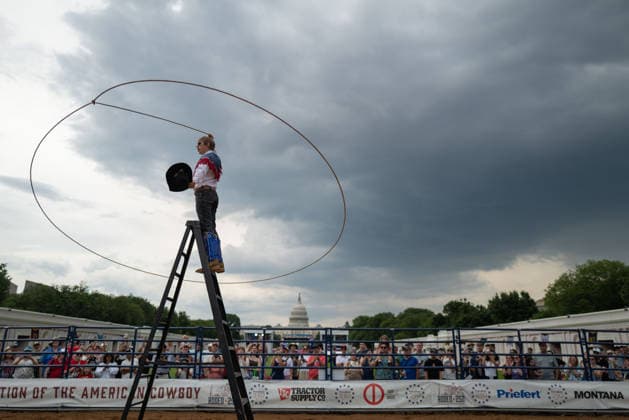 June 26, 2026, Washington, District Of Columbia, USA: A cowboy throws a lasso at a rodeo during the Great American State Fair on the National Mall in Washington, D.C. on June 26, 2026. Rodeo 250, produced by Cervi Rodeo Company, is one of numerous events during the 16-day fair, celebrating the 250th anniversary of the United States of America. Washington USA - ZUMAd227 20260626_znp_d227_028 Copyright: xBryanxDozierx