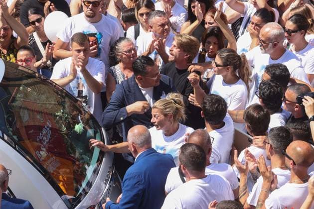 IPA86125398 - Naples: The funeral of Lorenzo Spasiano, the 19-year-old factory worker killed in Miano by a gunshot to the chest. Pictured is Lorenzo Spasiano™s mother.  Copyright: xx xx 86125398
