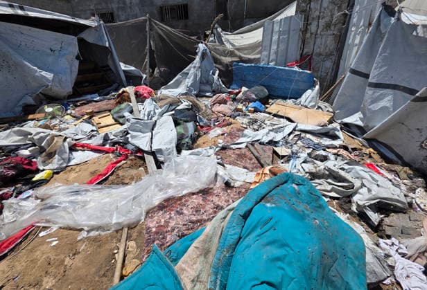 Displaced Palestinians inspect damaged tents after strike in al-Mawasi Displaced Palestinians inspect damage to their tents after an Israeli strike targeted a tent in the al-Mawasi area of Khan Younis, southern Gaza Strip, on June 27, 2026. The strike killed a young man and a child, wounded others, and caused extensive damage to displaced families tents and belongings. Photo by Tariq Mohammad APA Images Khan Yunis Gaza Strip Palestinian Territory 270626_Khan_Yunis_TM_02(24) Copyright: xapaimagesxTariqxMohammad xapaimagesx