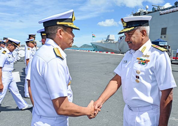RECORD DATE NOT STATED INS Udaygiri, INS Kavaratti & INS Shakti arrive at Thailand s Sattahip; reflects India-Thailand Maritime Cooperation Sattahip Thailand , Jun 27 (ANI): Indian Navy s Flag Officer Commanding Eastern Fleet RAdm. Alok Ananda (R) and Royal Thai Navy officer exchange a handshake following the arrival of Indian Naval Ships (INS), namely Udaygiri (stealth frigate), Kavaratti (anti-submarine warfare corvette), and Shakti (Deepak-class fleet tanker), in Sattahip on Saturday. The port call reflects India s commitment to its Act East policy. (@indiannavy X ANI Photo) Sattahip Thailand Copyright: xANIx ANI_20260627064