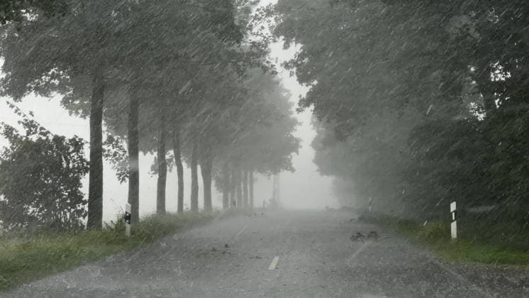 Neben der extremen Hitze rückt seit den Samstagmittagstunden die Unwettergefahr immer mehr in den Vordergrund. Gegen 13 Uhr entwickelten sich im Sauerland heftige Unwetter. Vor allem die Gegend um Mars war betroffen. Schwerer Sturm und Hagel, zusammen mit heftigen Starkregen gingen vor allem in Giershagen nieder. Der Hagel sammelte sich auf den Wiesen. Äste lagen auf den Straßen. Starkregen peitschte durch den Ort. Straßen in der Umgebung wurden überflutet. Es ist nur ein kleiner Vorgeschmack auf heftige Gewitter ab den Abendstunden in Westdeutschland. Die Temperatur stürzte in dieser Region von knapp 40 ¡C auf angenehme 17 ¡C. Giershagen Nordrhein-Westfalen Deutschland *** In addition to the extreme heat, the risk of severe weather has be