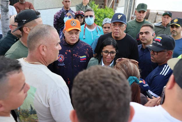 Venezuela s interim President Delcy Rodriguez (C) visiting the area strongly affected by the earthquake in La Guaira, some 35km north of Caracas, Venezuela, on June 25, 2026. Desperate Venezuelans raced to find and rescue loved ones trapped alive beneath the rubble of collapsed buildings after two major earthquakes --measured at magnitudes 7.2 and 7.5, hit northern Venezuela. photo by Government Ministry of Information (Venezuela)  VAN2026062618 GovernmentxMinistryxofxInformati