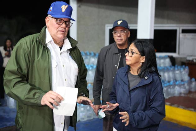 Venezuela s interim President Delcy Rodriguez (R) visits the area strongly affected by the earthquake in La Guaira, some 35km north of Caracas, Venezuela, on June 25, 2026. Desperate Venezuelans raced to find and rescue loved ones trapped alive beneath the rubble of collapsed buildings after two major earthquakes --measured at magnitudes 7.2 and 7.5, hit northern Venezuela. photo by Government Ministry of Information (Venezuela)  VAN2026062619 GovernmentxMinistryxofxInformati