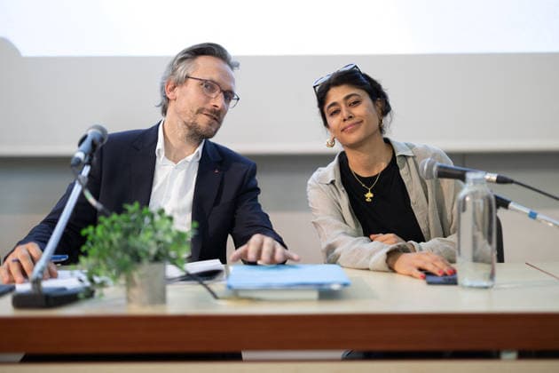 LFI La Boetie meeting about Geopolitics - Paris La France Insoumise LFI French-Palestinian MEP Rima Hassan, LFI MP Arnaud Le Gall during the meeting about ‘The New Geopolitics: France, Europe and the World’, organized by the Department of International Relations at the Institut La Boetie at the UIC-P Espace Congres in Paris on June 27, 2026. Photo by Raphael Lafargue ABACAPRESS.COM Paris France  Copyright: xLafarguexRaphael ABACAx