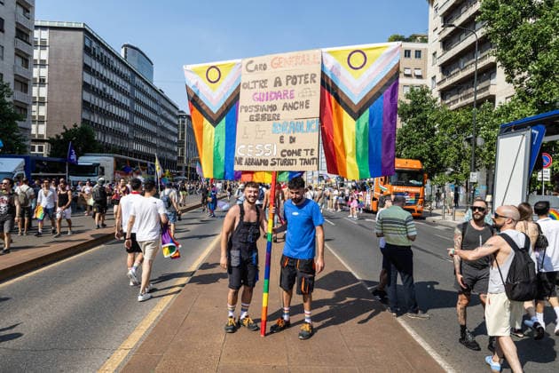IPA86131352 - Milan, Central Station, Via Vittor Pisani, June 27, 2026, Milan Pride sign for General Vannacci: Dear General, not only can we drive, but we can also be plumbers and we™ve unclogged plenty of toilets just like you.  Copyright: xFrancescoxEnriquezx xFrancescoxEnriquezx 86131352
