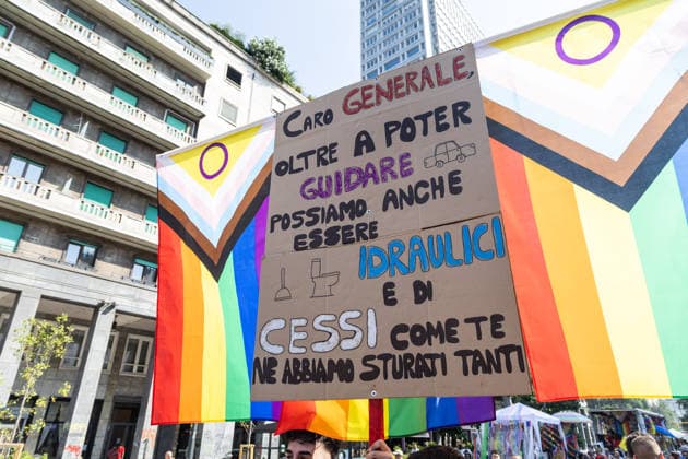 IPA86131348 - Milan, Central Station, Via Vittor Pisani, June 27, 2026, Milan Pride sign for General Vannacci: Dear General, not only can we drive, but we can also be plumbers and we™ve unclogged plenty of toilets just like you.  Copyright: xFrancescoxEnriquezx xFrancescoxEnriquezx 86131348