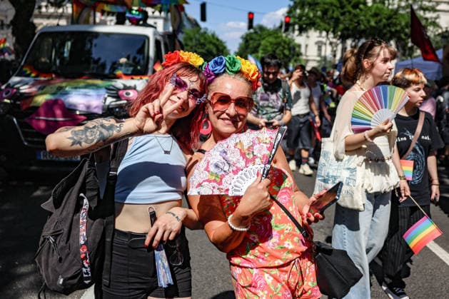 June 27, 2026, Budapest, Hungary, European Union: Two women wearing rainbow flower crowns and smile at the camera during Budapest Pride, the first Pride march held since HungaryÃ¢â‚¬â ¢s April 2026 parliamentary election. The annual event brought together LGBTQ+ people, allies and supporters calling for equality, visibility and acceptance. Budapest European Union  - ZUMAo116 20260627_znp_o116_061 Copyright: xBiancaxOterox