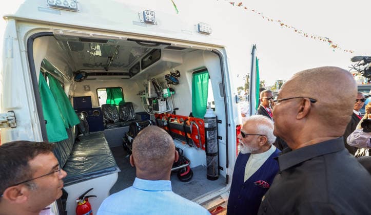 PM Modi and Seychelles President Herminie during the handing-over ceremony of the Fast Patrol Vessel Victoria Seychelles , Jun 27 (ANI): Prime Minister Narendra Modi and Seychelles President Patrick Herminie during the handing-over ceremony of the Fast Patrol Vessel at the Seychelles Coast Guard Base, in Victoria on Saturday. (DPR PMO ANI Photo) Victoria Seychelles Copyright: xANIx ANI_20260627392