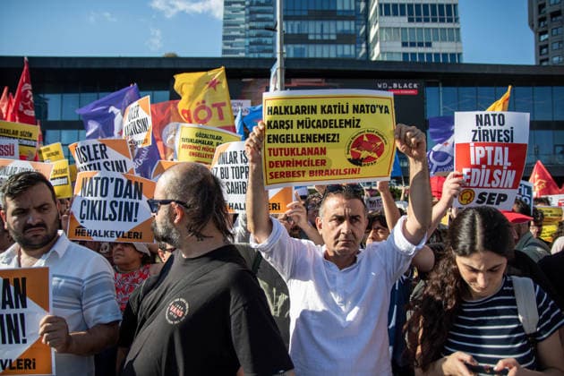 June 27, 2026, Istanbul, Istanbul, Turkey: Activists from the No to NATO! Coordination staged a protest in front of Trump Towers in Istanbul, Turkey, carrying a banner reading Imperialist war organization NATO and Trump, you are not welcome! The demonstration opposed the upcoming NATO Summit scheduled to take place in Ankara on July 7Ã¢â‚¬8. Istanbul Turkey - ZUMAt171 20260627_zip_t171_026 Copyright: xAbdullahxTepelix