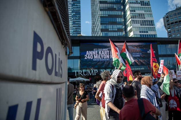 June 27, 2026, Istanbul, Istanbul, Turkey: Activists from the No to NATO! Coordination staged a protest in front of Trump Towers in Istanbul, Turkey, carrying a banner reading Imperialist war organization NATO and Trump, you are not welcome! The demonstration opposed the upcoming NATO Summit scheduled to take place in Ankara on July 7Ã¢â‚¬8. Istanbul Turkey - ZUMAt171 20260627_zip_t171_027 Copyright: xAbdullahxTepelix
