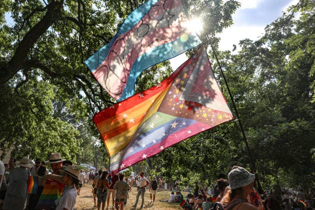 June 27, 2026, Budapest, Hungary, European Union: Transgender and Progress Pride flags wave above marchers beneath the trees during Budapest Pride, the first Pride march held since HungaryÃ¢â‚¬â ¢s April 2026 parliamentary election. The annual event brought together LGBTQ+ people, allies and supporters calling for equality, visibility and acceptance. Budapest European Union  - ZUMAo116 20260627_znp_o116_091 Copyright: xBiancaxOterox