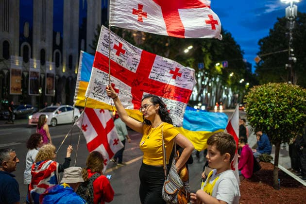 June 27, 2026, Tbilisi, Georgia: Protesters holding Georgian and Ukraine flags participate on the 577th day of anti-government rallies in Tbilisi, Georgia. Tbilisi Georgia  - ZUMAz174 20260627_zip_z174_005 Copyright: xMoexZoyarix
