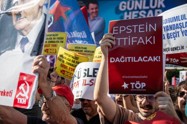 June 27, 2026, Istanbul, Istanbul, Turkey: Activists from the No to NATO! Coordination staged a protest in front of Trump Towers in Istanbul, Turkey, carrying a banner reading Imperialist war organization NATO and Trump, you are not welcome! The demonstration opposed the upcoming NATO Summit scheduled to take place in Ankara on July 7Ã¢â‚¬8. Istanbul Turkey - ZUMAt171 20260627_zip_t171_033 Copyright: xAbdullahxTepelix