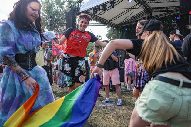June 27, 2026, Budapest, Hungary, European Union: Participants dance and celebrate in front of a stage at the end of the Budapest Pride parade route, as rainbow flags and colourful outfits fill the crowd. The march was the first held since HungaryÃ¢â‚¬â ¢s April 2026 parliamentary election and brought together LGBTQ+ people, allies and supporters calling for equality, visibility and acceptance. Budapest European Union  - ZUMAo116 20260627_znp_o116_095 Copyright: xBiancaxOterox