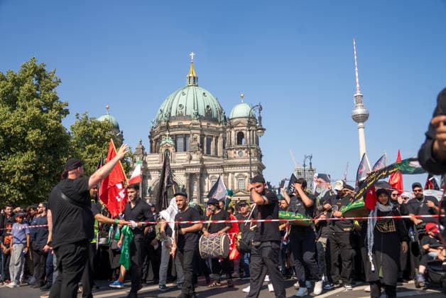 Ashura march organized in Germany as part of the month of Muharram BERLIN, GERMANY - JUNE 27: Shia Muslims gather around the Berliner Dom for the Ashura march organized as part of the month of Muharram in Berlin, Germany on June 27, 2026. Accompanied by chants of Ya Husayn and Ya Haydar , the participants commemorated Imam Husayn and those who lost their lives with him at Karbala. Ilkin Eskipehlivan Anadolu Berlin Germany. Editorial use only. Please get in touch for any other usage.  Copyright: x2026xAnadoluxIlkinxEskipehlivanx