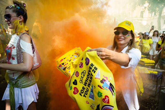 June 27, 2026, Budapest, Budapest, Hungary: Volunteers are handing out free merch in front of the Budapest Opera house where the crowd gathered for the 31st Budapest Pride march on 27 June, 2026. Budapest Hungary  - ZUMAa256 20260627_zip_a256_003 Copyright: xDanielxAlfoldix
