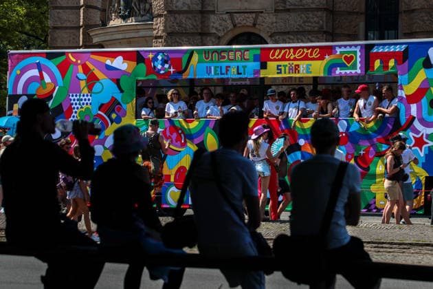 June 27, 2026, Munich, Bayern, Germany: People march through Munich s streets under the banner Our diversity. Our strength to advocate for LGBTQIA+ rights, despite high temperatures. Munich Germany  - ZUMAm309 20260627_zip_m309_032 Copyright: xJuliusxMortsix
