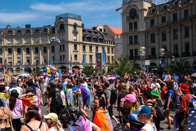 June 27, 2026, Munich, Bayern, Germany: People march through Munich s streets under the banner Our diversity. Our strength to advocate for LGBTQIA+ rights, despite high temperatures. Munich Germany - ZUMAm309 20260627_zip_m309_022 Copyright: xJuliusxMortsix