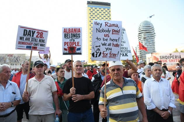 Protests against Zvernec Tourism Project continue in Tirana TIRANA, ALBANIA - JUNE 27: Protests against a planned tourism development project in the Zvernec area of Vlora continue for the 28th consecutive day in Tirana, Albania, on June 27, 2026. Large numbers of demonstrators gathered at Skanderbeg Square under the slogan Albania Is Not for Sale , voicing opposition to the proposed tourism project in Zvernec. Olsi Shehu Anadolu Tirana Albania. Editorial use only. Please get in touch for any other usage.  Copyright: x2026xAnadoluxOlsixShehux