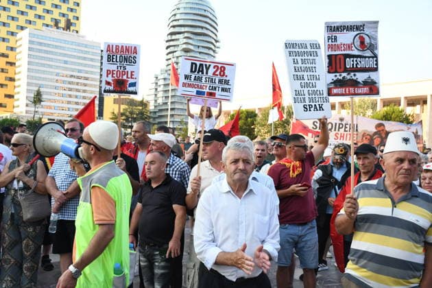 Protests against Zvernec Tourism Project continue in Tirana TIRANA, ALBANIA - JUNE 27: Protests against a planned tourism development project in the Zvernec area of Vlora continue for the 28th consecutive day in Tirana, Albania, on June 27, 2026. Large numbers of demonstrators gathered at Skanderbeg Square under the slogan Albania Is Not for Sale , voicing opposition to the proposed tourism project in Zvernec. Olsi Shehu Anadolu Tirana Albania. Editorial use only. Please get in touch for any other usage.  Copyright: x2026xAnadoluxOlsixShehux