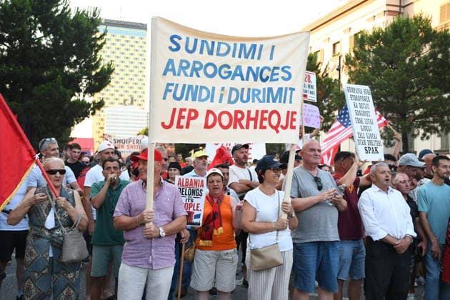 Protests against Zvernec Tourism Project continue in Tirana TIRANA, ALBANIA - JUNE 27: Protests against a planned tourism development project in the Zvernec area of Vlora continue for the 28th consecutive day in Tirana, Albania, on June 27, 2026. Large numbers of demonstrators gathered at Skanderbeg Square under the slogan Albania Is Not for Sale , voicing opposition to the proposed tourism project in Zvernec. Olsi Shehu Anadolu Tirana Albania. Editorial use only. Please get in touch for any other usage.  Copyright: x2026xAnadoluxOlsixShehux
