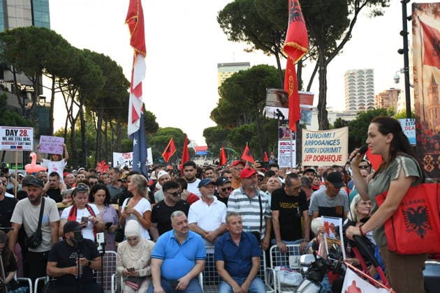Protests against Zvernec Tourism Project continue in Tirana TIRANA, ALBANIA - JUNE 27: Protests against a planned tourism development project in the Zvernec area of Vlora continue for the 28th consecutive day in Tirana, Albania, on June 27, 2026. Large numbers of demonstrators gathered at Skanderbeg Square under the slogan Albania Is Not for Sale , voicing opposition to the proposed tourism project in Zvernec. Olsi Shehu Anadolu Tirana Albania. Editorial use only. Please get in touch for any other usage.  Copyright: x2026xAnadoluxOlsixShehux
