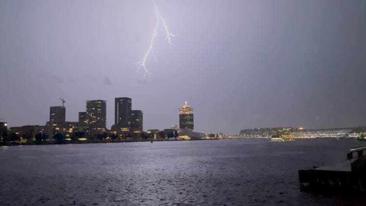 Amsterdam The Netherlands 26th June 2026 A spectacular electric storm passes over Het Ij waterway in the centre of the city making an end to the heatwave of the past week. het weer, weather, wetter, lightning, thunder, onweer,