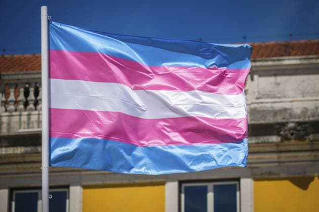 Pastellfarbene Transflaggen wehen auf einer Transgender Pride Flagge am Himmel von Lissabon, Portugal, für LGBT Gleichheit, fotografiert unter tiefblauem Himmel Pastel trans flag colors wave on a transgender pride flag in the Lisbon, Portugal sky for LGBT equality, photographed under deep blue sky Copyright: imageBROKER DmitryxRukhlenko ibxdmr18170743.jpg