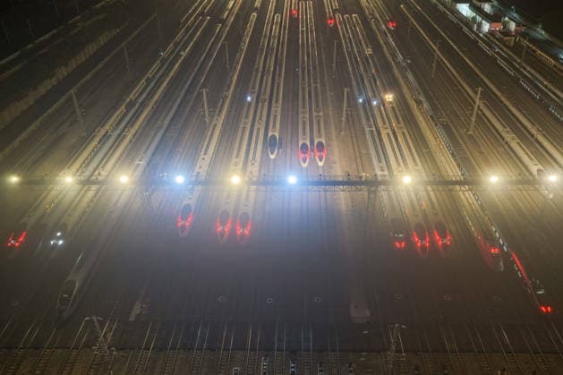 High-speed Trains NANJING, CHINA - JUNE 28, 2026 - An aerial view of the storage lines at Nanjing South High-Speed Train Depot where the inspected and repaired high-speed trains are parked. Nanjing, Jiangsu Province, China on early morning of June 28, 2026. Nanjing Jiangsu China  Copyright: xCFOTOx i1782635853768