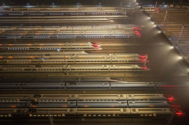 High-speed Trains NANJING, CHINA - JUNE 28, 2026 - An aerial view of the storage lines at Nanjing South High-Speed Train Depot where the inspected and repaired high-speed trains are parked. Nanjing, Jiangsu Province, China on early morning of June 28, 2026. Nanjing Jiangsu China  Copyright: xCFOTOx i1782635854171