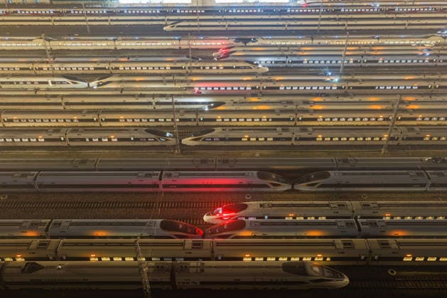 High-speed Trains NANJING, CHINA - JUNE 28, 2026 - An aerial view of the storage lines at Nanjing South High-Speed Train Depot where the inspected and repaired high-speed trains are parked. Nanjing, Jiangsu Province, China on early morning of June 28, 2026. Nanjing Jiangsu China  Copyright: xCFOTOx i1782635854474