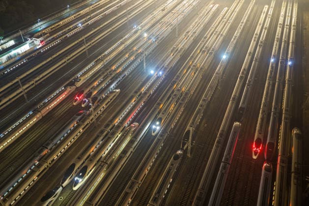 High-speed Trains NANJING, CHINA - JUNE 28, 2026 - An aerial view of the storage lines at Nanjing South High-Speed Train Depot where the inspected and repaired high-speed trains are parked. Nanjing, Jiangsu Province, China on early morning of June 28, 2026. Nanjing Jiangsu China  Copyright: xCFOTOx i1782635854980