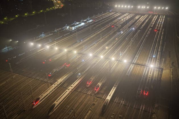 High-speed Trains NANJING, CHINA - JUNE 28, 2026 - An aerial view of the storage lines at Nanjing South High-Speed Train Depot where the inspected and repaired high-speed trains are parked. Nanjing, Jiangsu Province, China on early morning of June 28, 2026. Nanjing Jiangsu China  Copyright: xCFOTOx i1782635855134