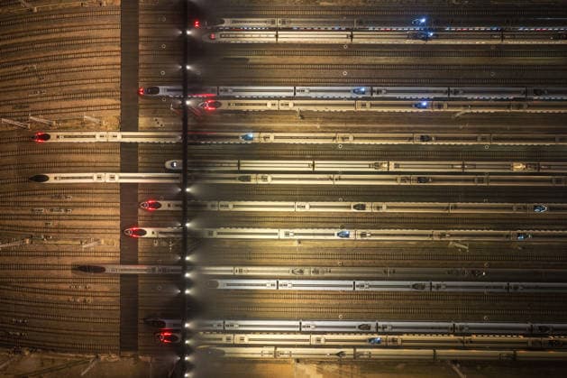 High-speed Trains NANJING, CHINA - JUNE 28, 2026 - An aerial view of the storage lines at Nanjing South High-Speed Train Depot where the inspected and repaired high-speed trains are parked. Nanjing, Jiangsu Province, China on early morning of June 28, 2026. Nanjing Jiangsu China  Copyright: xCFOTOx i1782635855278