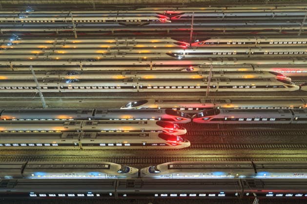 High-speed Trains NANJING, CHINA - JUNE 28, 2026 - An aerial view of the storage lines at Nanjing South High-Speed Train Depot where the inspected and repaired high-speed trains are parked. Nanjing, Jiangsu Province, China on early morning of June 28, 2026. Nanjing Jiangsu China  Copyright: xCFOTOx i1782635855616