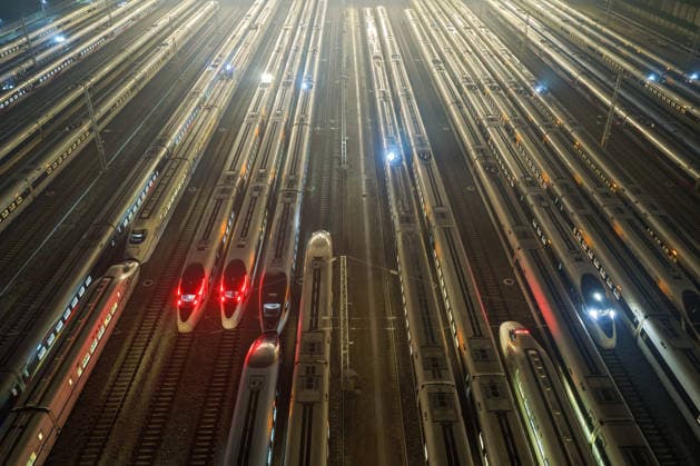 High-speed Trains NANJING, CHINA - JUNE 28, 2026 - An aerial view of the storage lines at Nanjing South High-Speed Train Depot where the inspected and repaired high-speed trains are parked. Nanjing, Jiangsu Province, China on early morning of June 28, 2026. Nanjing Jiangsu China  Copyright: xCFOTOx i1782635855926