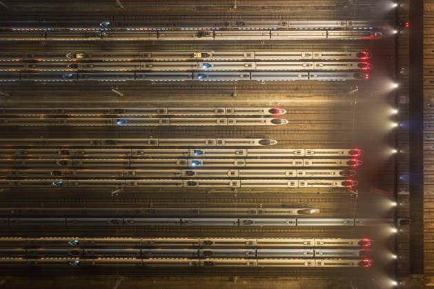High-speed Trains NANJING, CHINA - JUNE 28, 2026 - An aerial view of the storage lines at Nanjing South High-Speed Train Depot where the inspected and repaired high-speed trains are parked. Nanjing, Jiangsu Province, China on early morning of June 28, 2026. Nanjing Jiangsu China  Copyright: xCFOTOx i1782635856215