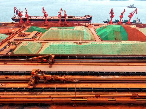 Qingdao Port Ore Terminal Construction machinery is sorting and loading imported iron ore at the Qingdao Port Ore Terminal in Qingdao, Shandong Province, China on June 28, 2026. Qingdao Shandong China  Copyright: xCFOTOx i1782655942483