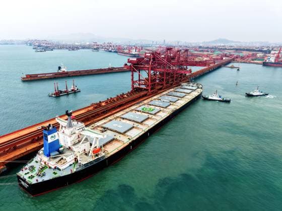 Qingdao Port Ore Terminal A cargo ship carrying imported iron ore docked at the ore terminal berth of Qingdao Port, Qingdao City, Shandong Province, China, on June 28, 2026. Qingdao Shandong China  Copyright: xCFOTOx i1782655944930