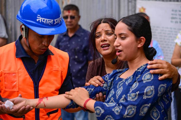 June 28, 2026, Kathmandu, Bagmati, Nepal: KATHMANDU, NEPAL Ã¢â‚¬ 28 JUNE 2026: Personnel from the Nepal Army, Nepal Police, Nepal Traffic Police, Armed Police Force (APF), Kathmandu Metropolitan City, Nepal Scouts, and the Nepal Red Cross Society participate in a joint multi-agency disaster response simulation exercise at Hanuman Dhoka Durbar Square in Kathmandu, Nepal, on June 28, 2026. The exercise included coordinated demonstrations of earthquake and fire emergency response, urban search and rescue, casualty evacuation, firefighting, first aid, and other disaster management operations aimed at strengthening inter-agency preparedness and public awareness. Kathmandu Nepal  - ZUMAs330 20260628_zsp_s330_011 Copyright: xSafalxPrakashxShresthax