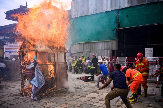 June 28, 2026, Kathmandu, Bagmati, Nepal: KATHMANDU, NEPAL Ã¢â‚¬ 28 JUNE 2026: Personnel from the Nepal Army, Nepal Police, Nepal Traffic Police, Armed Police Force (APF), Kathmandu Metropolitan City, Nepal Scouts, and the Nepal Red Cross Society participate in a joint multi-agency disaster response simulation exercise at Hanuman Dhoka Durbar Square in Kathmandu, Nepal, on June 28, 2026. The exercise included coordinated demonstrations of earthquake and fire emergency response, urban search and rescue, casualty evacuation, firefighting, first aid, and other disaster management operations aimed at strengthening inter-agency preparedness and public awareness. Kathmandu Nepal  - ZUMAs330 20260628_zsp_s330_013 Copyright: xSafalxPrakashxShresthax